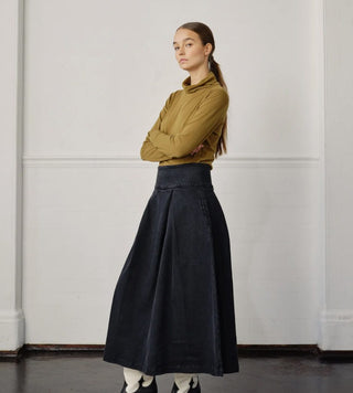 Maddie Midi High Waisted, Deep Pleated Denim Skirt by Seventy Mochi - Dark Americana, Washed Black