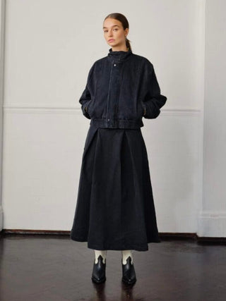 Maddie Midi High Waisted, Deep Pleated Denim Skirt by Seventy Mochi - Dark Americana, Washed Black