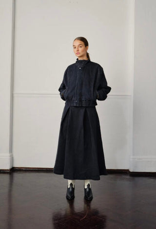 Maddie Midi High Waisted, Deep Pleated Denim Skirt by Seventy Mochi - Dark Americana, Washed Black