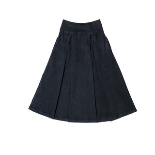 Maddie Midi High Waisted, Deep Pleated Denim Skirt by Seventy Mochi - Dark Americana, Washed Black
