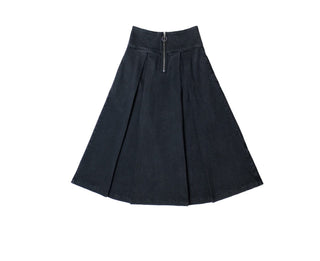 Maddie Midi High Waisted, Deep Pleated Denim Skirt by Seventy Mochi - Dark Americana, Washed Black