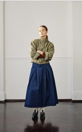 Maddie Midi High Waisted, Deep Pleated Denim Skirt by Seventy Mochi - Dark Americana, Washed Black