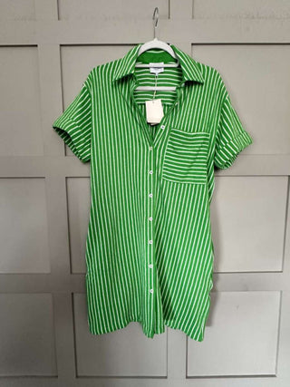 Odile Shirt Dress by Frnch - Green with White Stripes