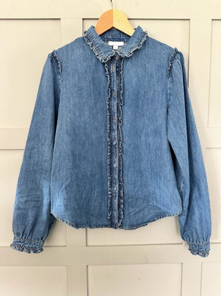 Gloria Cotton Denim Blouse with Ruffled Detail - Denim Blue