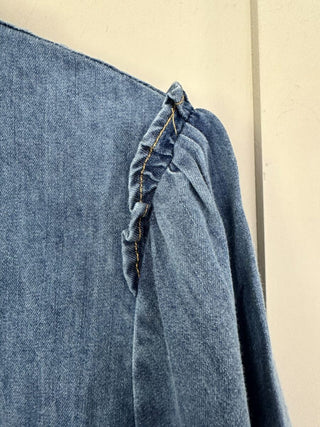 Gloria Cotton Denim Blouse with Ruffled Detail - Denim Blue
