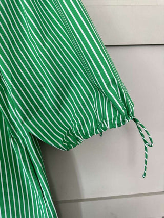 Steffi Short Jumpsuit with Long Sleeves, Elasticated Neckline &amp; Cuffs with Tie Detail by Frnch - Green/White Stripes