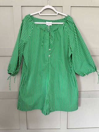Steffi Short Jumpsuit with Long Sleeves, Elasticated Neckline &amp; Cuffs with Tie Detail by Frnch - Green/White Stripes