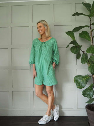 Steffi Short Jumpsuit with Long Sleeves, Elasticated Neckline &amp; Cuffs with Tie Detail by Frnch - Green/White Stripes