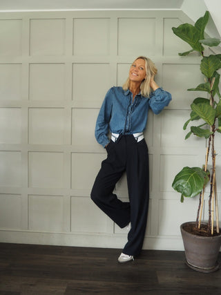 Gloria Cotton Denim Blouse with Ruffled Detail - Denim Blue