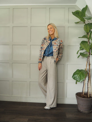 Rhonda Cropped Round Neck Jacket - Lined with Button Fastening &amp; Faux Pockets - Leopard Print and Floral