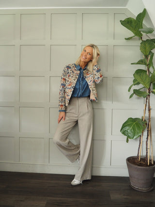 Rhonda Cropped Round Neck Jacket - Lined with Button Fastening &amp; Faux Pockets - Leopard Print and Floral