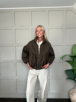 Zoe Bubble Hem Jacket with Funnel Neck - Chocolate