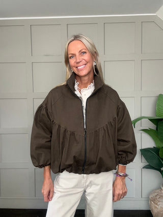 Zoe Bubble Hem Jacket with Funnel Neck - Chocolate