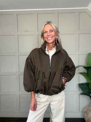 Zoe Bubble Hem Jacket with Funnel Neck - Chocolate