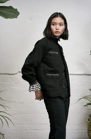 Pablo Frill Collar Jacket with Ecru Stitch Detail by Seventy Mochi - Black, Dark Denim, Peony Pink and Vintage Americana