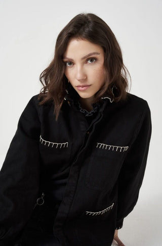 Pablo Frill Collar Jacket with Ecru Stitch Detail by Seventy Mochi - Black, Dark Denim, Peony Pink and Vintage Americana