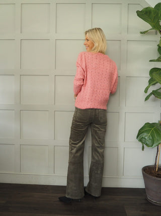 Esprit Mid Rise, Boot Cut Corduroy Trousers with Pockets and Stretch - Khaki, Light Pink