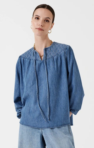 Clio Organic Cotton, Yoke Style Blouse with Front Tie by Seventy &amp; Mochi - Ecru and Mid Vintage