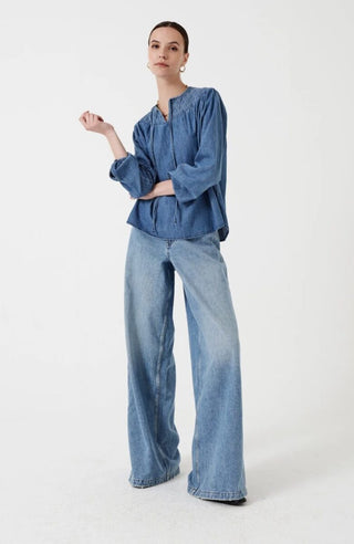 Clio Organic Cotton, Yoke Style Blouse with Front Tie by Seventy &amp; Mochi - Ecru and Mid Vintage