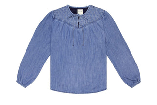 Clio Organic Cotton, Yoke Style Blouse with Front Tie by Seventy &amp; Mochi - Ecru and Mid Vintage