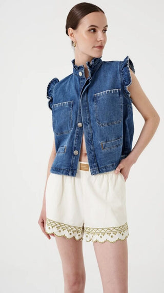 Pablo Organic Cotton Mix Waistcoat with Frill Collar &amp; Signature Stitch Pockets, by Seventy Mochi, Best Seller - Black, Ecru, Rodeo Vintage, Vintage Americana