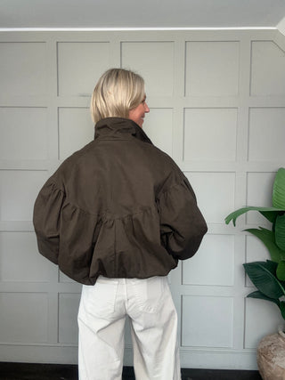 Zoe Bubble Hem Jacket with Funnel Neck - Chocolate