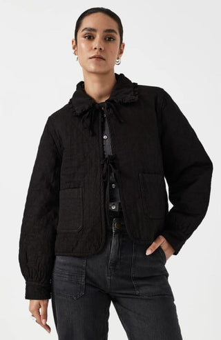 Heidi Short Quilted Denim Jacket, Frill Collar, Tie Fastening by Seventy Mochi - Black, Indigo Rinse, Olive and Rodeo Vintage