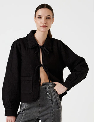 Heidi Short Quilted Denim Jacket, Frill Collar, Tie Fastening by Seventy Mochi - Black, Indigo Rinse, Olive and Rodeo Vintage