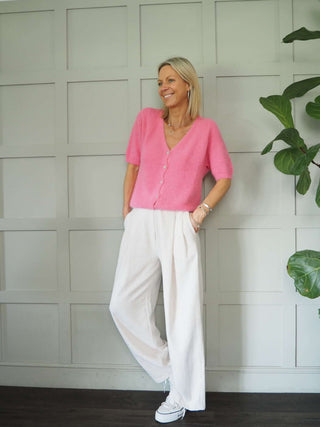 Lozza V-Neck Short Sleeved Cardigan with Button Fastenings - Bright Green and Pink