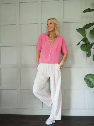 Lozza V-Neck Short Sleeved Cardigan with Button Fastenings - Bright Green and Pink