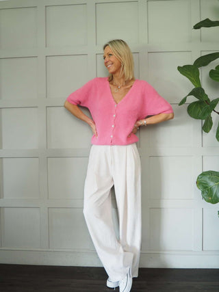 Lozza V-Neck Short Sleeved Cardigan with Button Fastenings - Bright Green and Pink