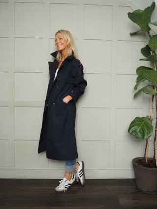 Emilie Long Relaxed Fit Double Breasted Trench Coat with Detachable Tie Belt - Khaki / Pink and Navy Blue / Pink