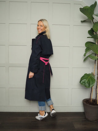 Emilie Long Relaxed Fit Double Breasted Trench Coat with Detachable Tie Belt - Khaki / Pink and Navy Blue / Pink