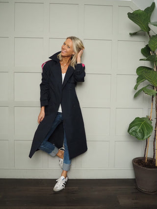 Emilie Long Relaxed Fit Double Breasted Trench Coat with Detachable Tie Belt - Khaki / Pink and Navy Blue / Pink