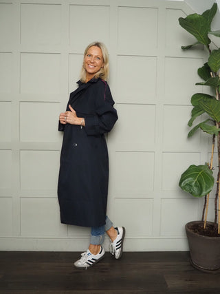 Emilie Long Relaxed Fit Double Breasted Trench Coat with Detachable Tie Belt - Khaki / Pink and Navy Blue / Pink