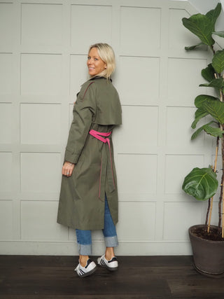 Emilie Long Relaxed Fit Double Breasted Trench Coat with Detachable Tie Belt - Khaki / Pink and Navy Blue / Pink