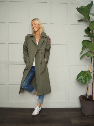 Emilie Long Relaxed Fit Double Breasted Trench Coat with Detachable Tie Belt - Khaki / Pink and Navy Blue / Pink