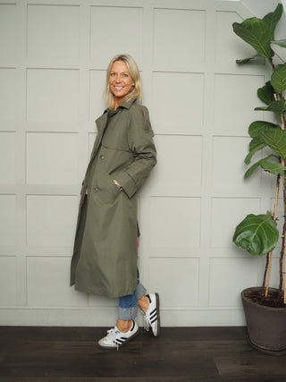 Emilie Long Relaxed Fit Double Breasted Trench Coat with Detachable Tie Belt - Khaki / Pink and Navy Blue / Pink