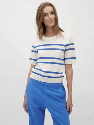Bravana Lightweight Knit with Short Sleeves by mbyM - Off White/BlueStripe