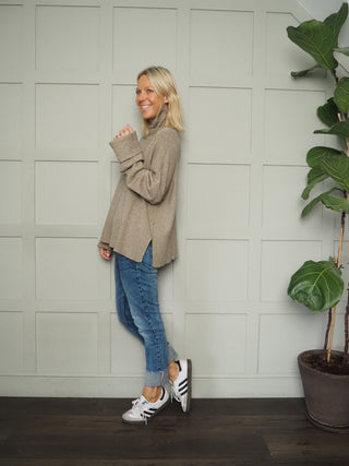 Amour Soft Touch Relaxed Fit Polo Neck Jumper with Ribbing Detail - Camel, Khaki and Oatmeal