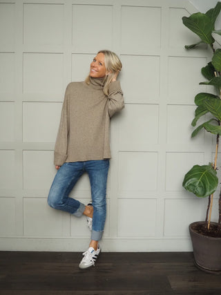 Amour Soft Touch Relaxed Fit Polo Neck Jumper with Ribbing Detail - Camel, Khaki and Oatmeal