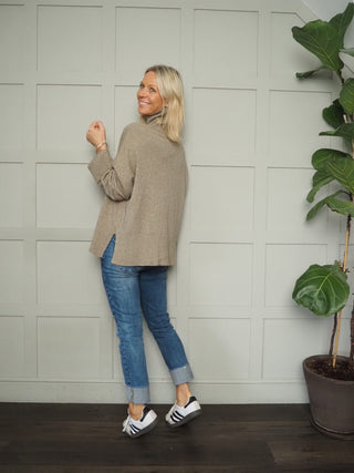 Amour Soft Touch Relaxed Fit Polo Neck Jumper with Ribbing Detail - Camel, Khaki and Oatmeal