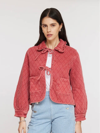 Heidi Short Quilted Denim Jacket, Frill Collar, Tie Fastening by Seventy Mochi - Black, Indigo Rinse, Olive, Vintage Red