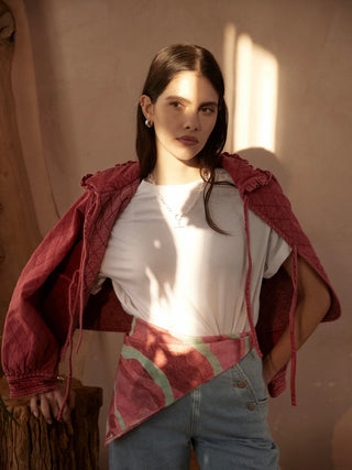 Heidi Short Quilted Denim Jacket, Frill Collar, Tie Fastening by Seventy Mochi - Black, Indigo Rinse, Olive, Vintage Red