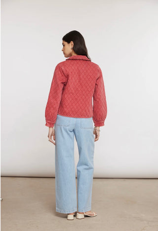Heidi Short Quilted Denim Jacket, Frill Collar, Tie Fastening by Seventy Mochi - Black, Indigo Rinse, Olive, Vintage Red