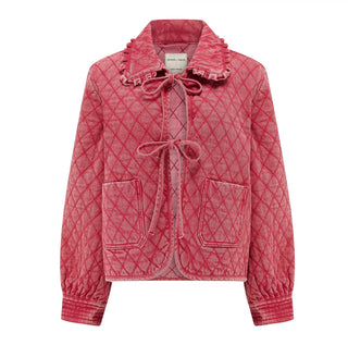 Heidi Short Quilted Denim Jacket, Frill Collar, Tie Fastening by Seventy Mochi - Black, Indigo Rinse, Olive, Vintage Red