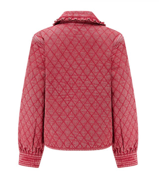 Heidi Short Quilted Denim Jacket, Frill Collar, Tie Fastening by Seventy Mochi - Black, Indigo Rinse, Olive, Vintage Red
