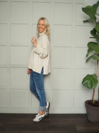 Amour Soft Touch Relaxed Fit Polo Neck Jumper with Ribbing Detail - Camel, Khaki and Oatmeal