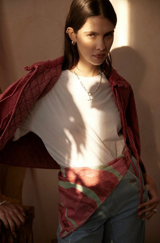 Heidi Short Quilted Denim Jacket, Frill Collar, Tie Fastening by Seventy Mochi - Black, Indigo Rinse, Olive, Vintage Red
