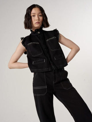 Pablo Organic Cotton Mix Waistcoat with Frill Collar &amp; Signature Stitch Pockets, by Seventy Mochi, Best Seller - Black, Ecru, Rodeo Vintage, Vintage Americana
